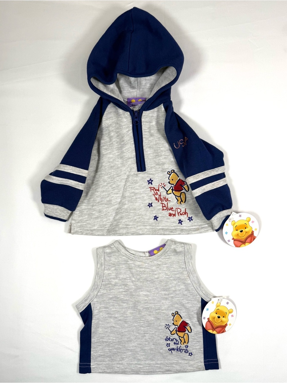 NWT VINTAGE DISNEY Winnie The Pooh Tank 1/4 Zip Hoodie 3-6m Patriotic USA Y2K